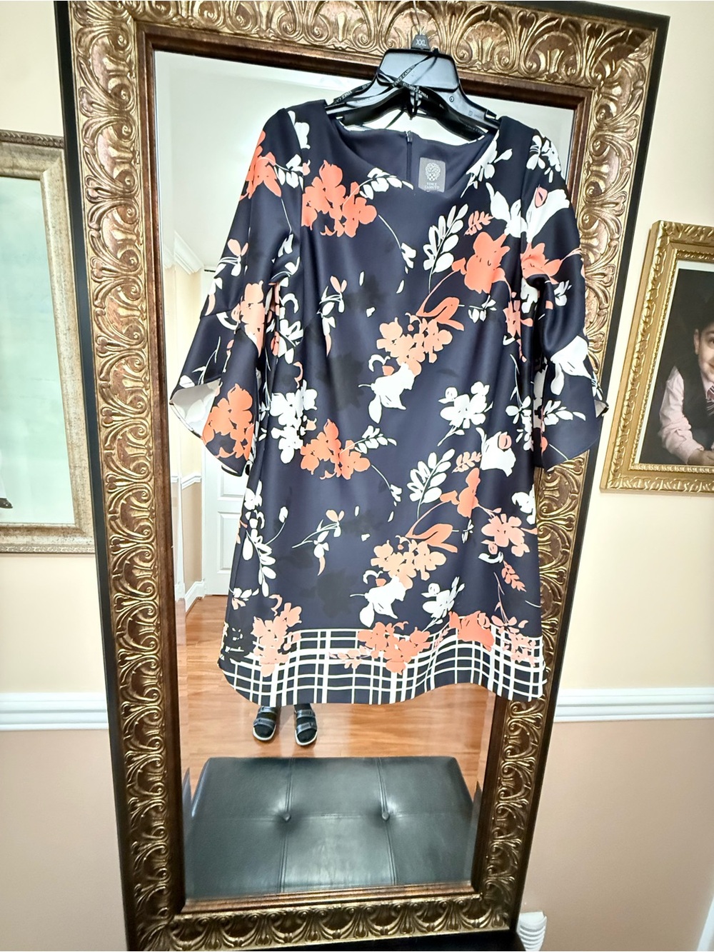 Vince Camuto Navy Floral Midi Dress with Peach and White Bloom